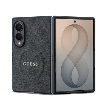 Galaxy Z Fold 8 Kılıf Guess Kabartmalı M-safe Uyumlu PU Deri 4G Desenli ve Yazı Logolu Kapak Siyah