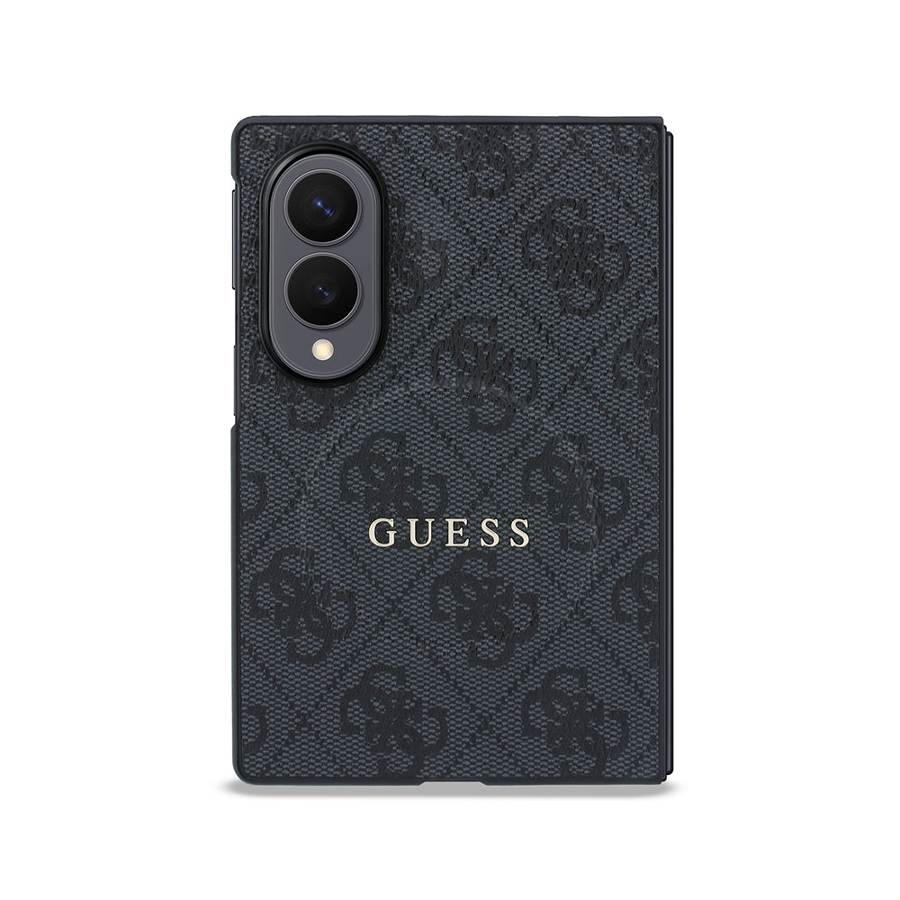 Galaxy Z Fold 8 Kılıf Guess Kabartmalı M-safe Uyumlu PU Deri 4G Desenli ve Yazı Logolu Kapak Siyah