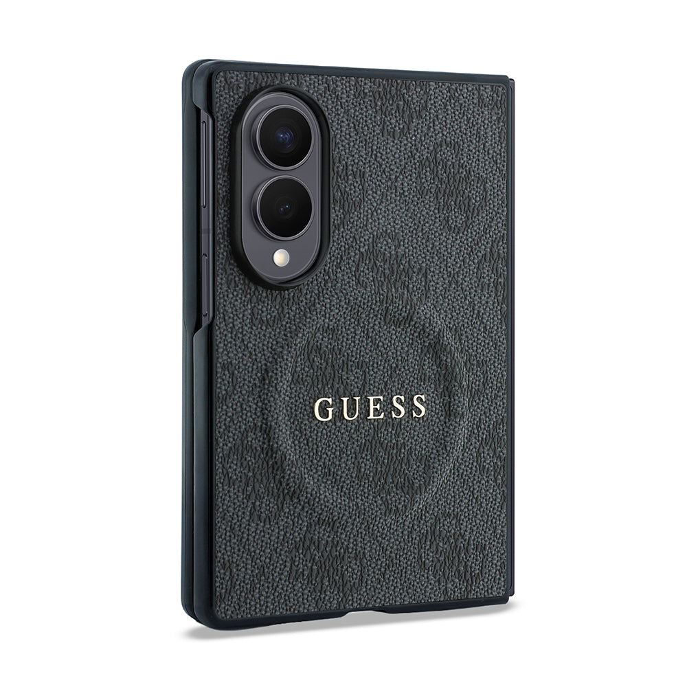 Galaxy Z Fold 8 Kılıf Guess Kabartmalı M-safe Uyumlu PU Deri 4G Desenli ve Yazı Logolu Kapak Siyah