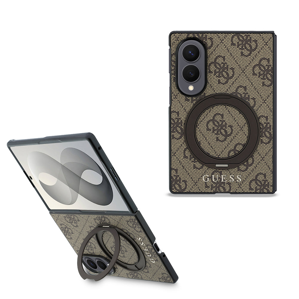 Galaxy Z Fold 8 Kılıf Guess M-safe Uyumlu 360 Dönebilen Standlı 4G Desenli Klasik Yazı Logolu Kapak Kahverengi