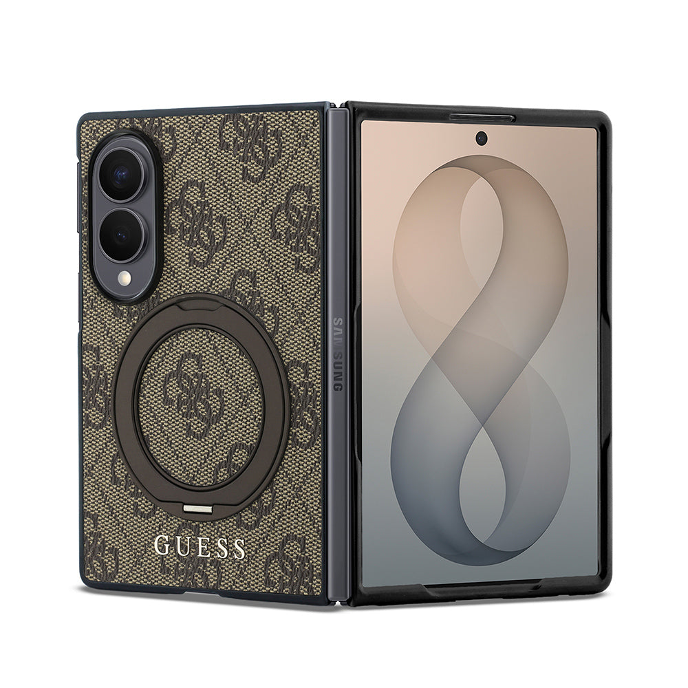 Galaxy Z Fold 8 Kılıf Guess M-safe Uyumlu 360 Dönebilen Standlı 4G Desenli Klasik Yazı Logolu Kapak Kahverengi