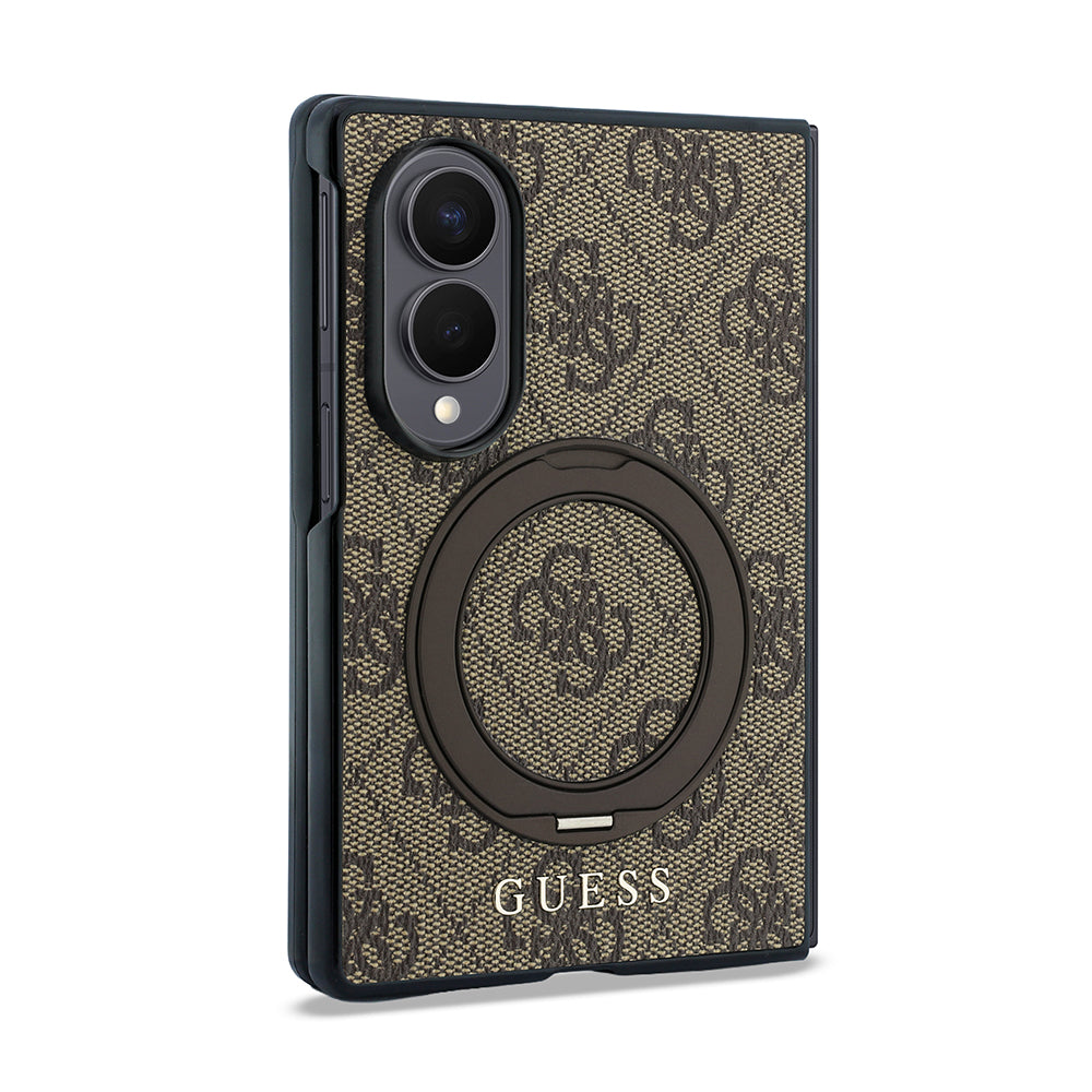 Galaxy Z Fold 8 Kılıf Guess M-safe Uyumlu 360 Dönebilen Standlı 4G Desenli Klasik Yazı Logolu Kapak Kahverengi