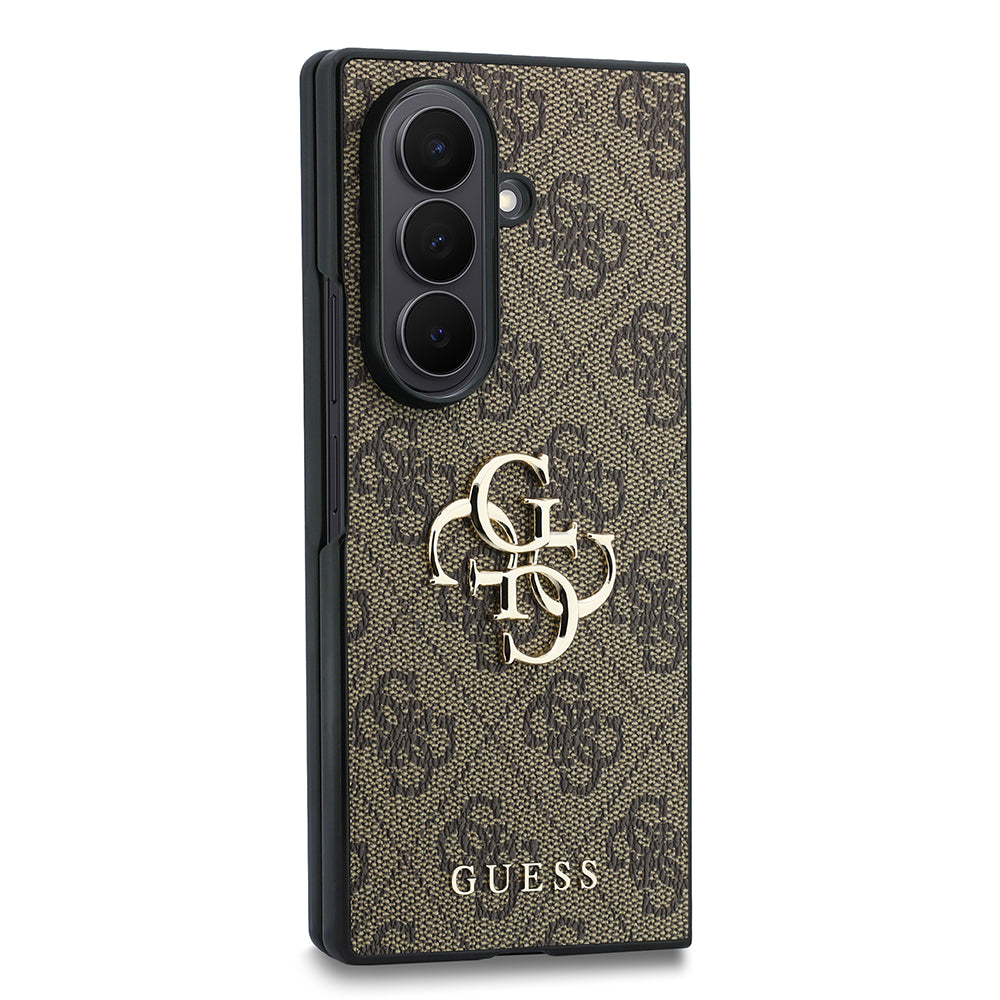 Galaxy Z Fold 8 Ultra Kılıf Guess 4G Desenli Metal Büyük 4G ve Yazı Logolu Kapak Kahverengi