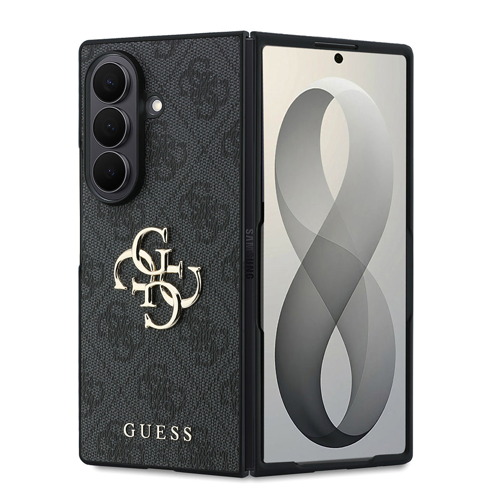 Galaxy Z Fold 8 Ultra Kılıf Guess 4G Desenli Metal Büyük 4G ve Yazı Logolu Kapak Siyah