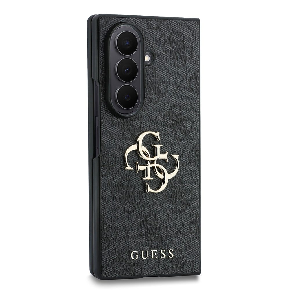 Galaxy Z Fold 8 Ultra Kılıf Guess 4G Desenli Metal Büyük 4G ve Yazı Logolu Kapak Siyah