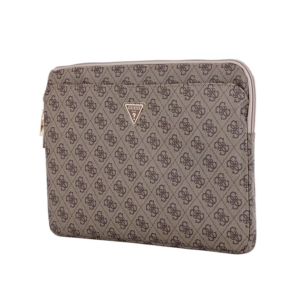 Guess 14 inç Laptop Çantası 4G Desenli Üçgen Logolu Kahverengi