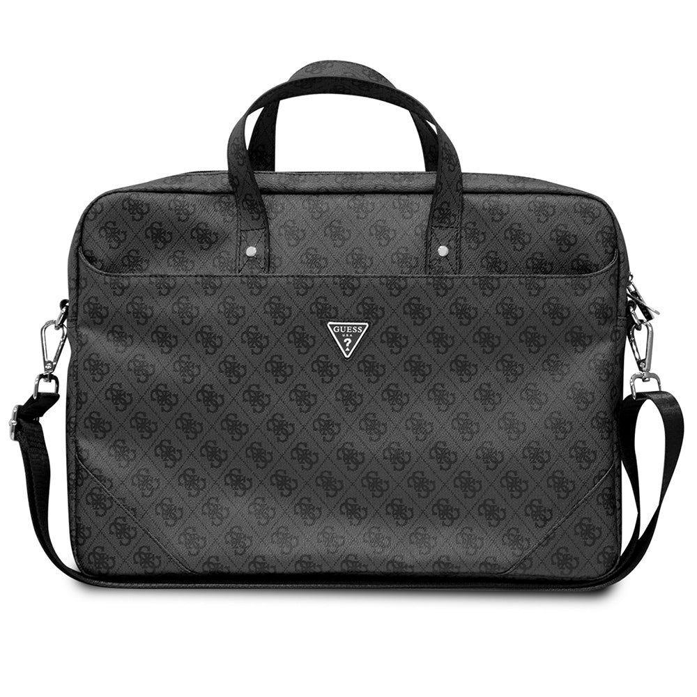 Guess 15-16 inç Laptop Çantası Sıcak Damgalı 4G Desenli Üçgen Logolu Omuz Askılı Siyah