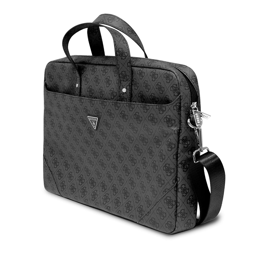 Guess 15-16 inç Laptop Çantası Sıcak Damgalı 4G Desenli Üçgen Logolu Omuz Askılı Siyah