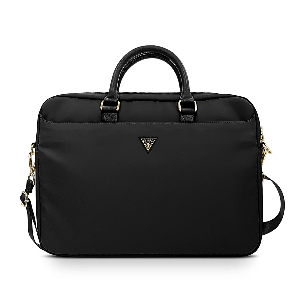 Guess 15-16 inç Laptop Çantası Naylon Kumaş Metal Üçgen Logolu Omuz Askılı Siyah