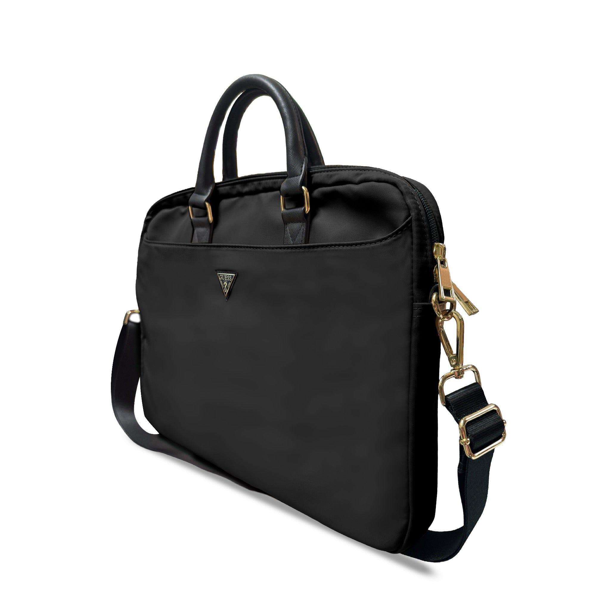 Guess 15-16 inç Laptop Çantası Naylon Kumaş Metal Üçgen Logolu Omuz Askılı Siyah