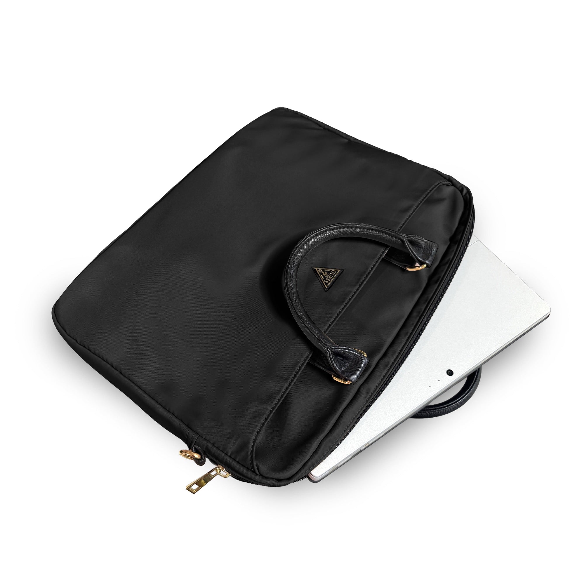 Guess 15-16 inç Laptop Çantası Naylon Kumaş Metal Üçgen Logolu Omuz Askılı Siyah