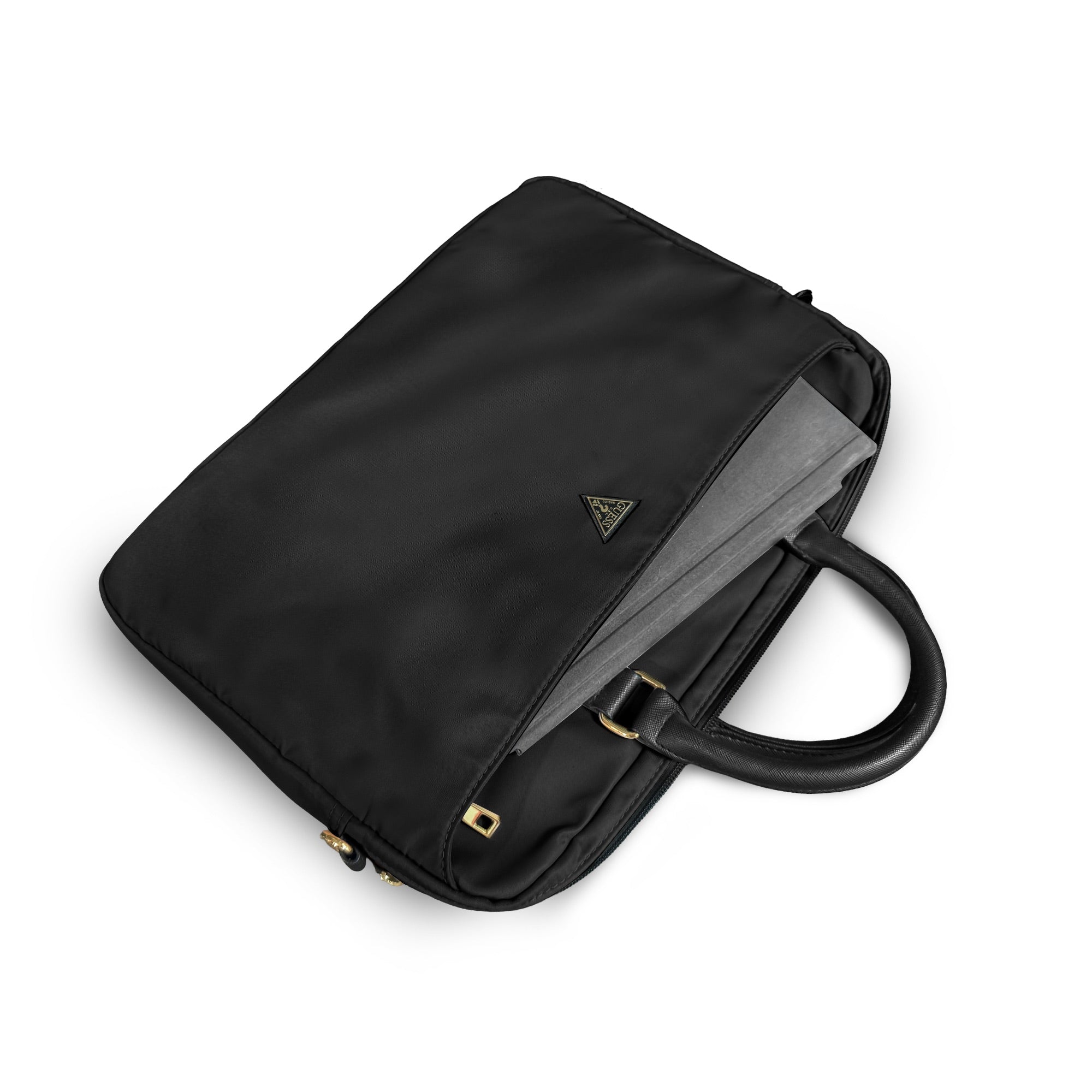 Guess 15-16 inç Laptop Çantası Naylon Kumaş Metal Üçgen Logolu Omuz Askılı Siyah