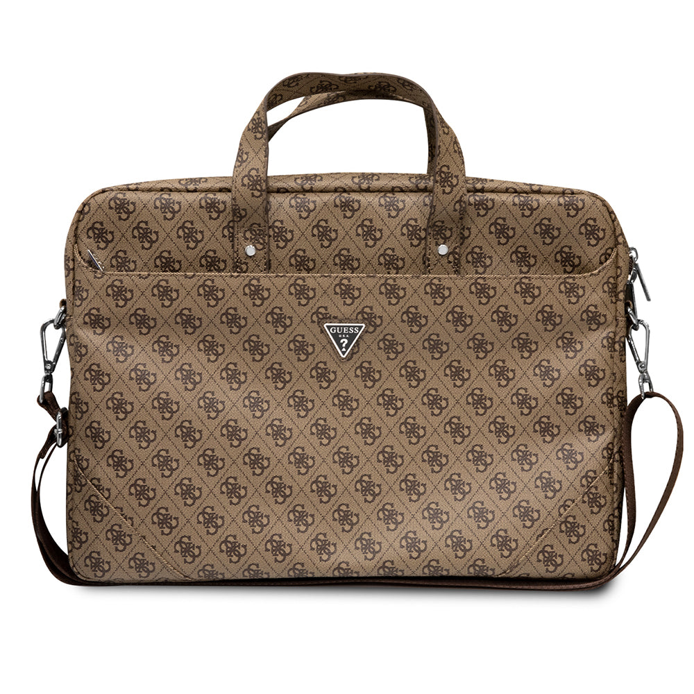 Guess 15-16 inç Laptop Çantası Sıcak Damgalı 4G Desenli Üçgen Logolu Omuz Askılı Kahverengi