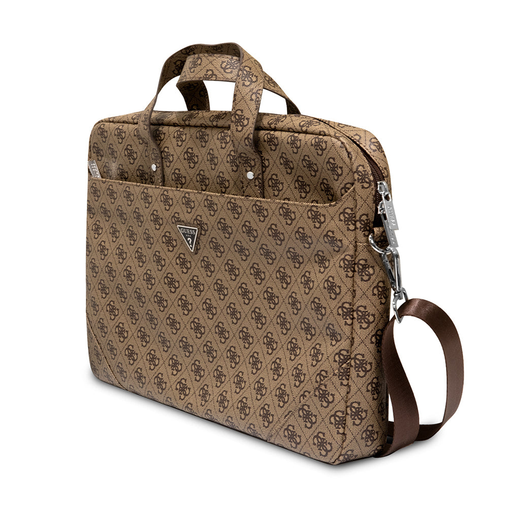 Guess 15-16 inç Laptop Çantası Sıcak Damgalı 4G Desenli Üçgen Logolu Omuz Askılı Kahverengi