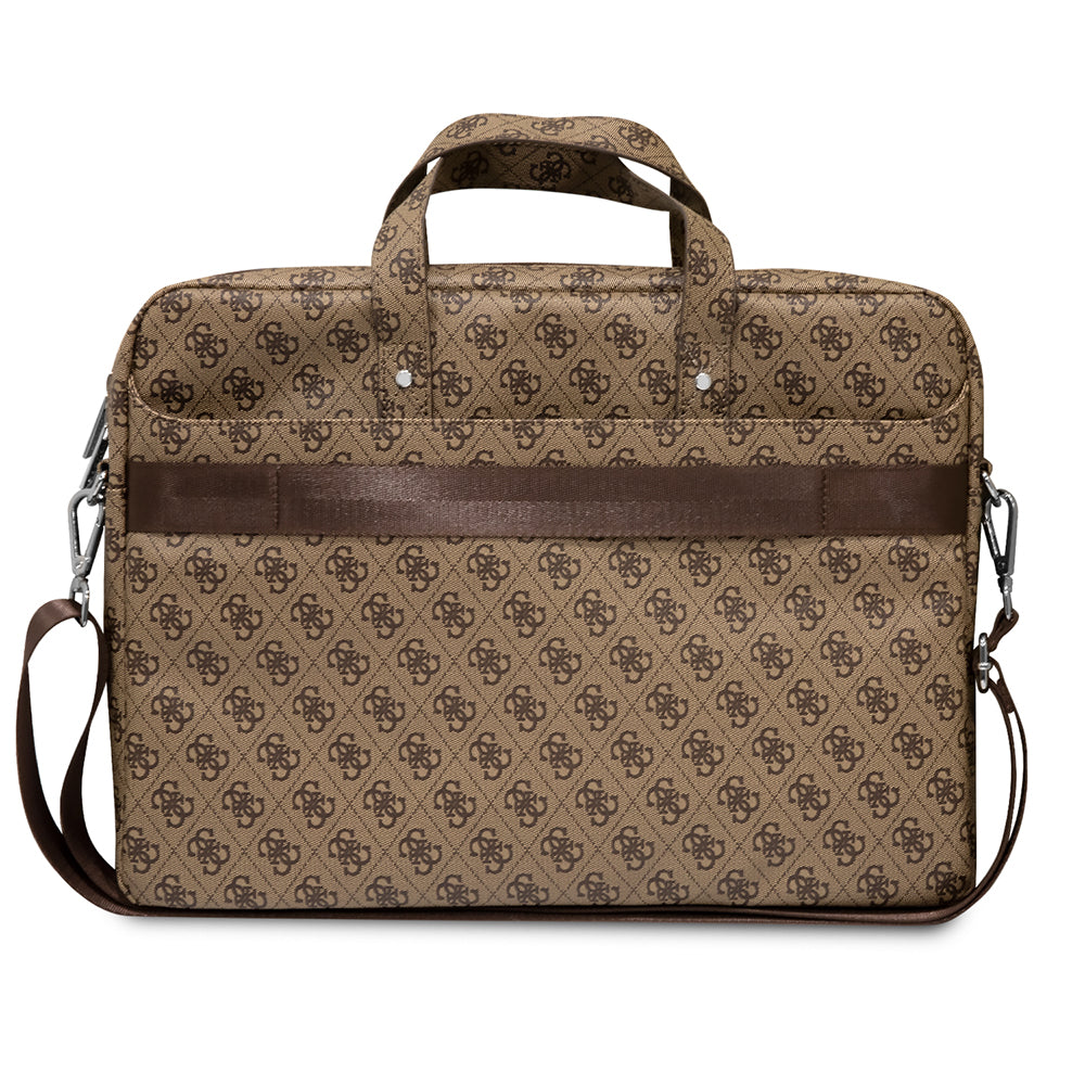 Guess 15-16 inç Laptop Çantası Sıcak Damgalı 4G Desenli Üçgen Logolu Omuz Askılı Kahverengi