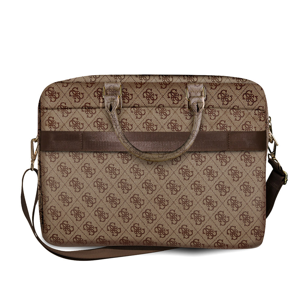 Guess 15 inç Laptop Notebook Çantası 4G Desenli Büyük 4G Logolu Omuz Askılı Kahverengi