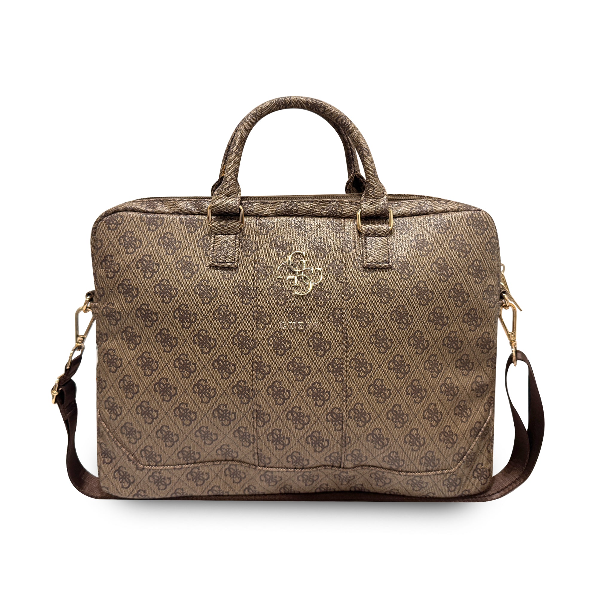 Guess 15 inç Laptop Notebook Çantası 4G Desenli Büyük 4G Logolu Omuz Askılı Kahverengi