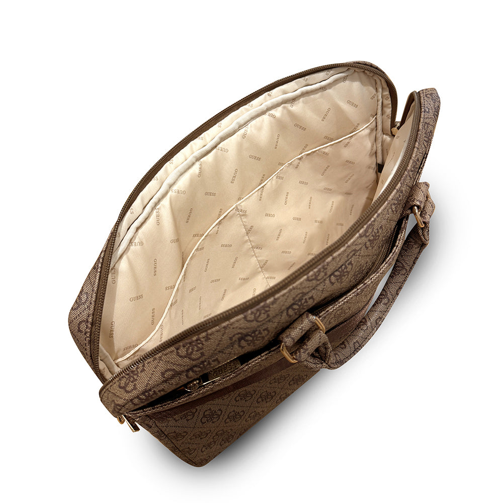 Guess 15 inç Laptop Notebook Çantası 4G Desenli Büyük 4G Logolu Omuz Askılı Kahverengi