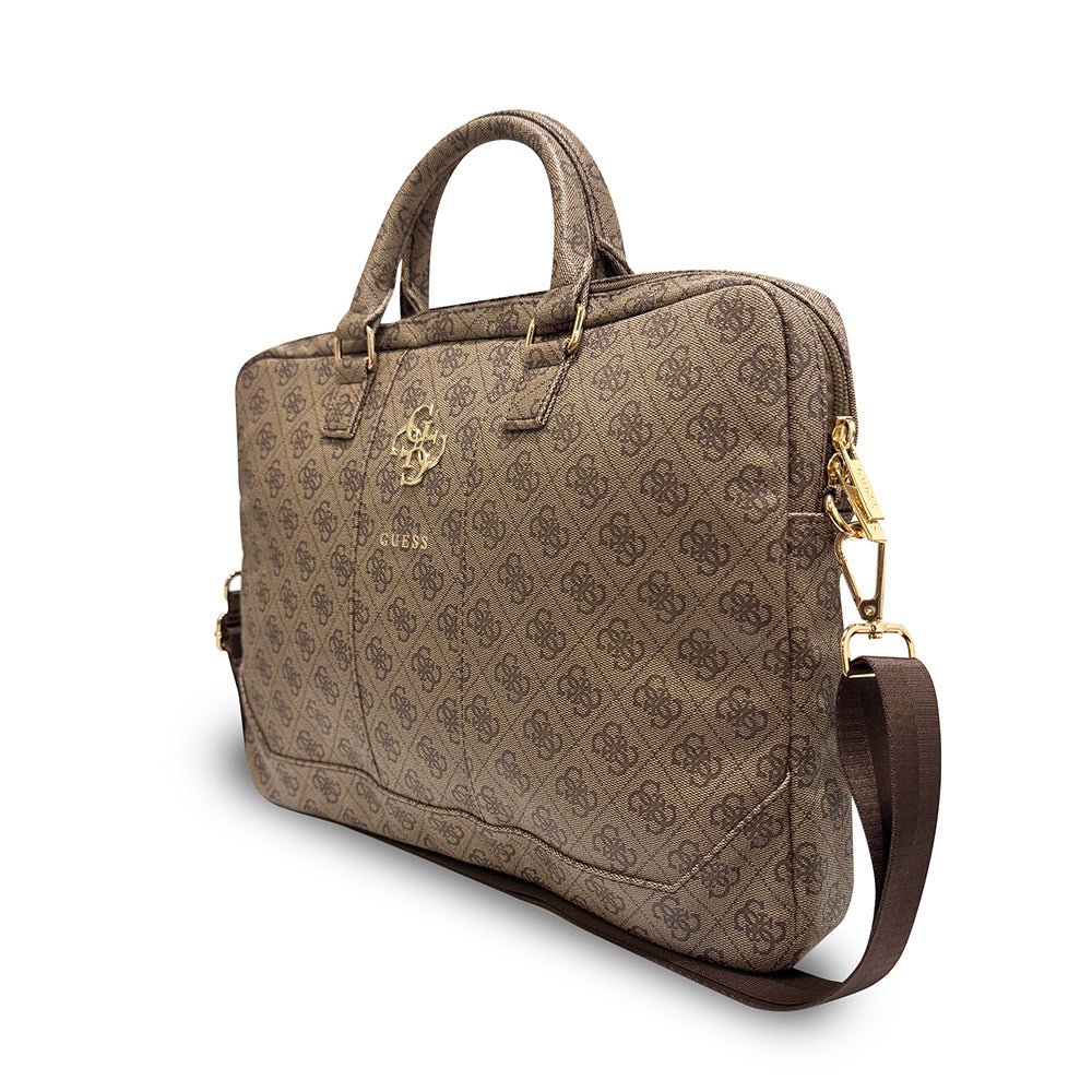 Guess 15 inç Laptop Notebook Çantası 4G Desenli Büyük 4G Logolu Omuz Askılı Kahverengi