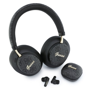 Guess 4G Desenli Script Yazılı Kulak içi TWS Kulaklık ve Kulak Üstü Kulaklık 2in1 Bundle Set Siyah