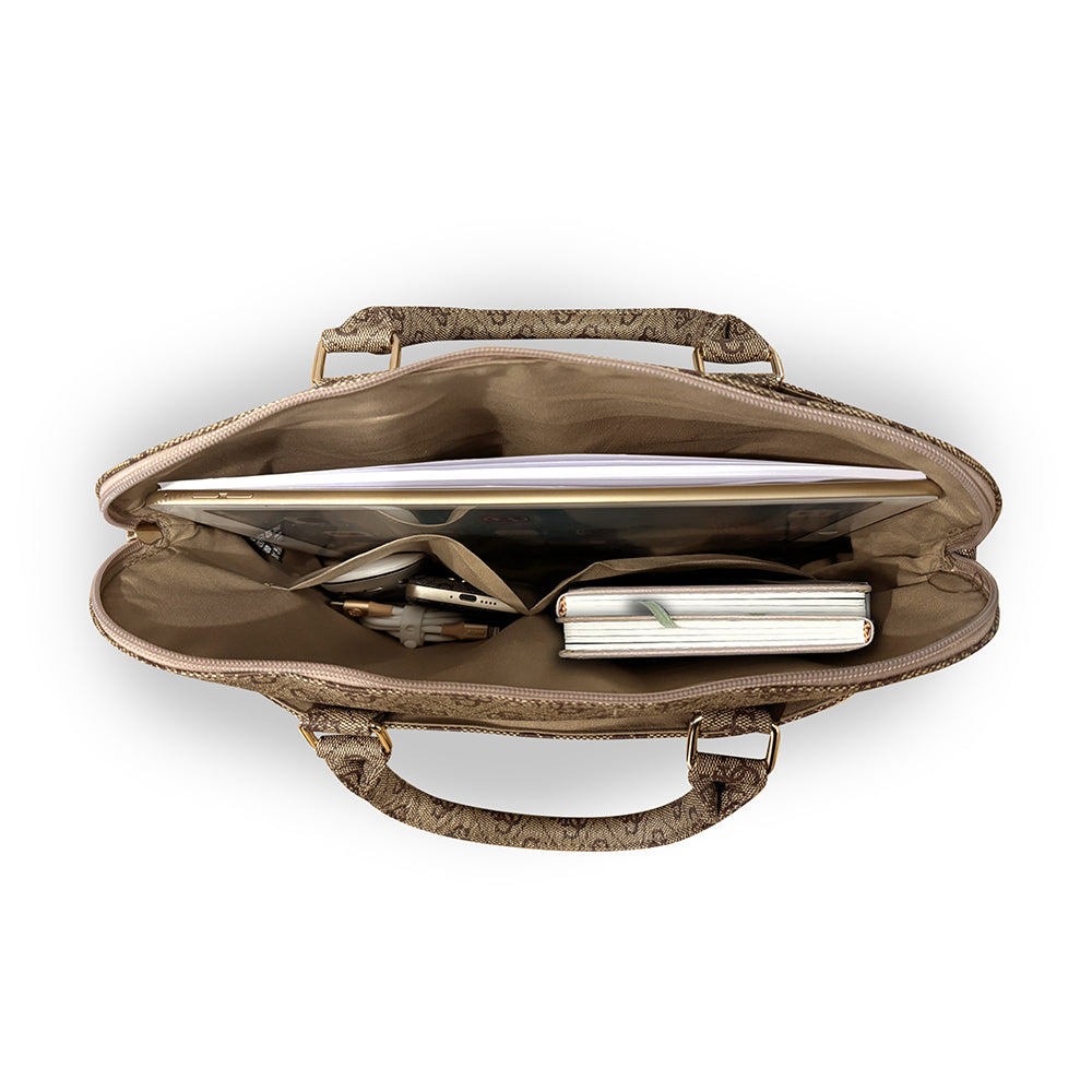 Guess 4G Desenli Üçgen Logolu 15 inç Laptop Notebook Çantası Omuz Askılı Kahverengi