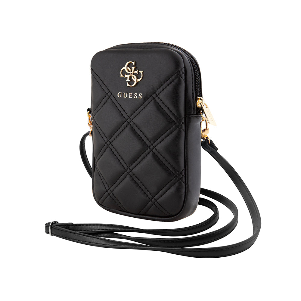 Guess 4G Metal Logolu Kapitone Desenli Fermuarlı PU Deri Çapraz Askılı Vücut Çantası Siyah