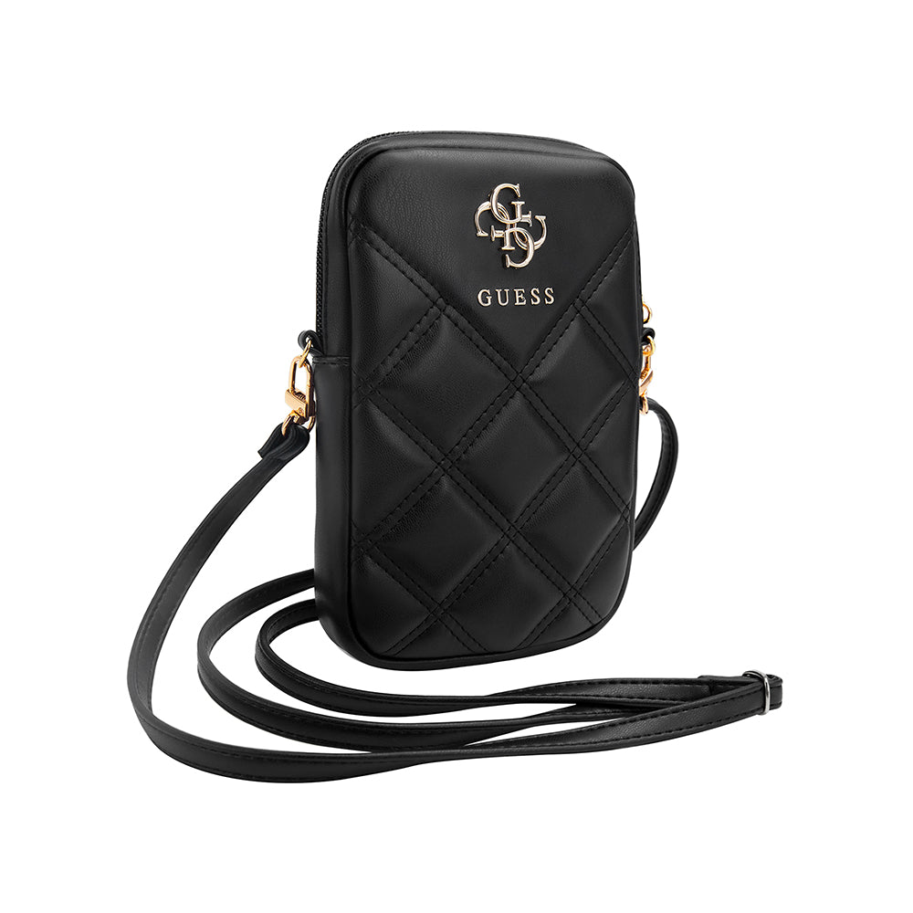 Guess 4G Metal Logolu Kapitone Desenli Fermuarlı PU Deri Çapraz Askılı Vücut Çantası Siyah