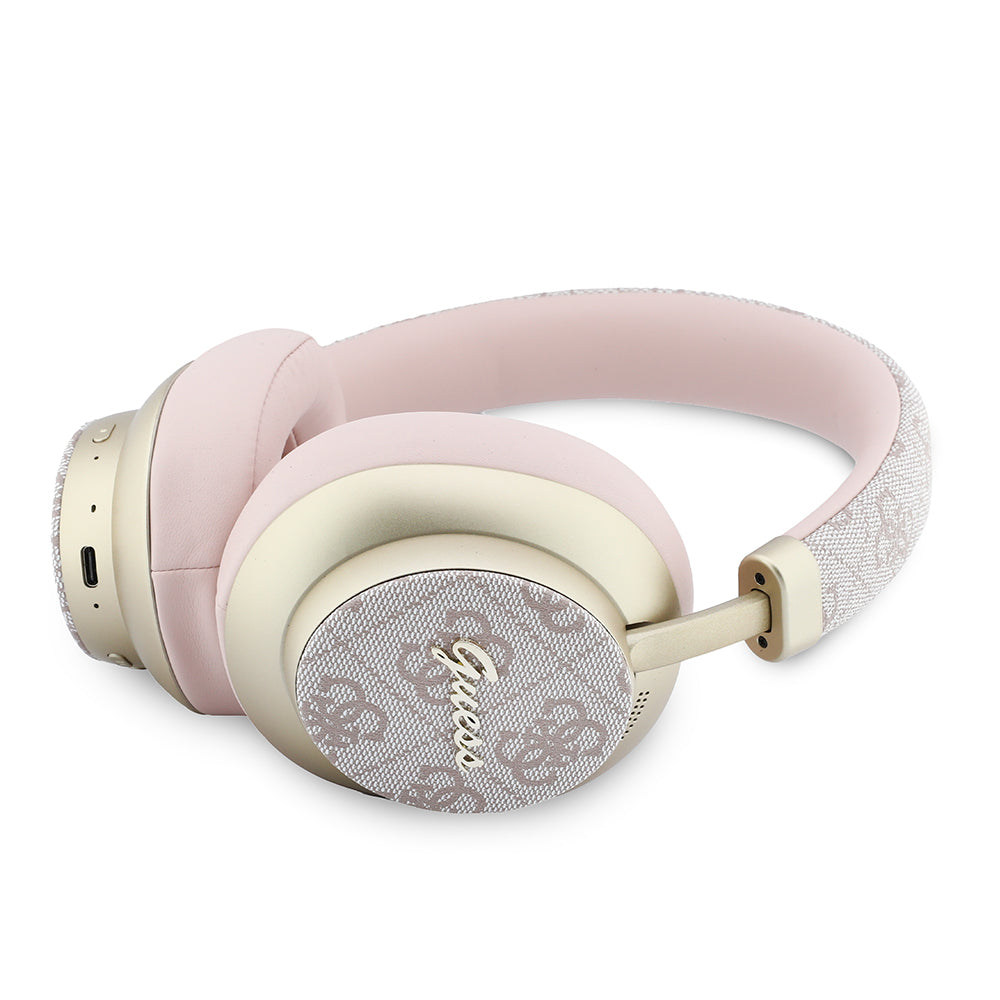 Guess ENC Teknolojili PU 4G Desenli Metal Yazı Logolu Kulak Üstü Bluetooth Kulaklık v5.4 Pembe
