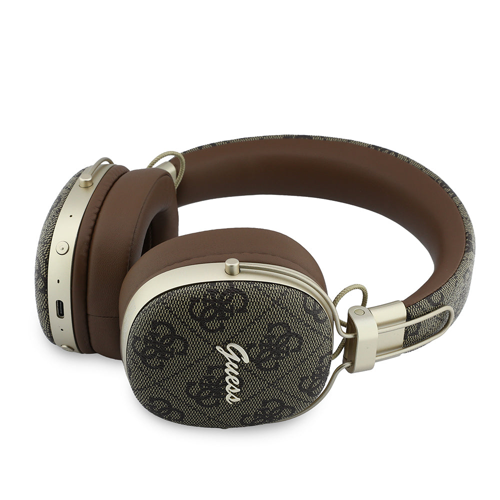 Guess ENC Teknolojili PU 4G Desenli Script Logolu Kulak Üstü Bluetooth Kulaklık v5.4 Kahverengi