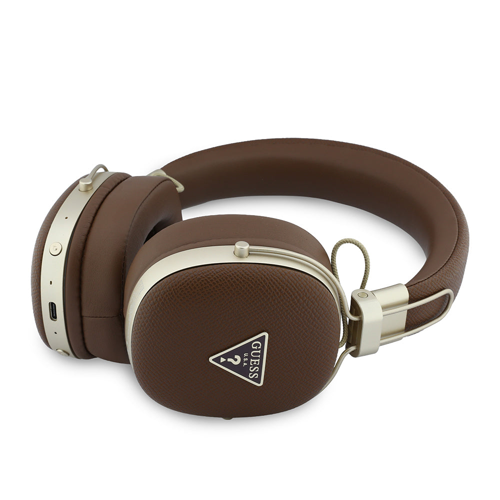 Guess ENC Teknolojili PU Üçgen Metal Logolu Kulak Üstü Bluetooth Kulaklık v5.4 Kahverengi