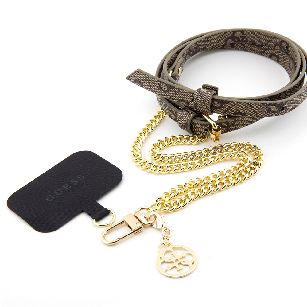 Guess Deri Telefon Askı Kayışı 4G Desenli Zincirli 4G Metal Logolu Kahverengi