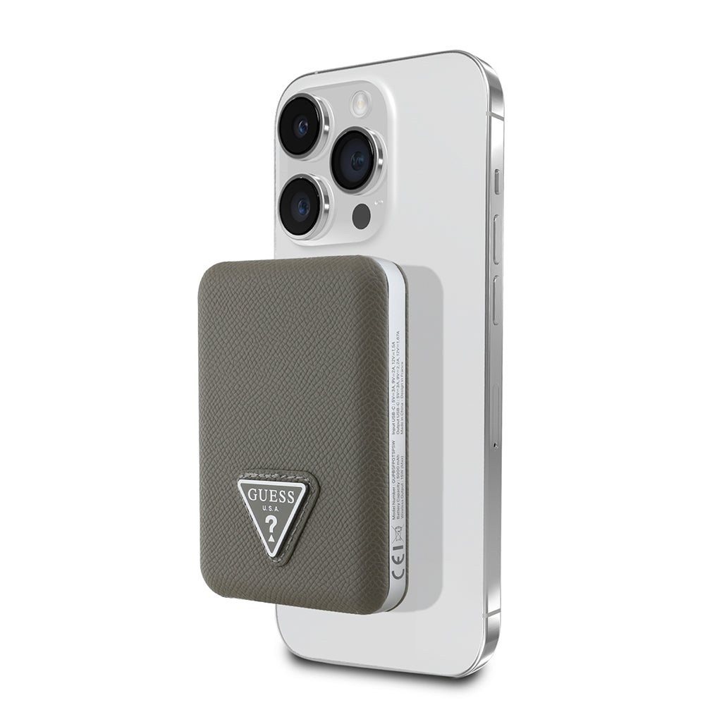 Guess Dijital Led Göstergeli Magsafe kablosuz PU Deri Powerbank 5000mAh 15W Kahverengi