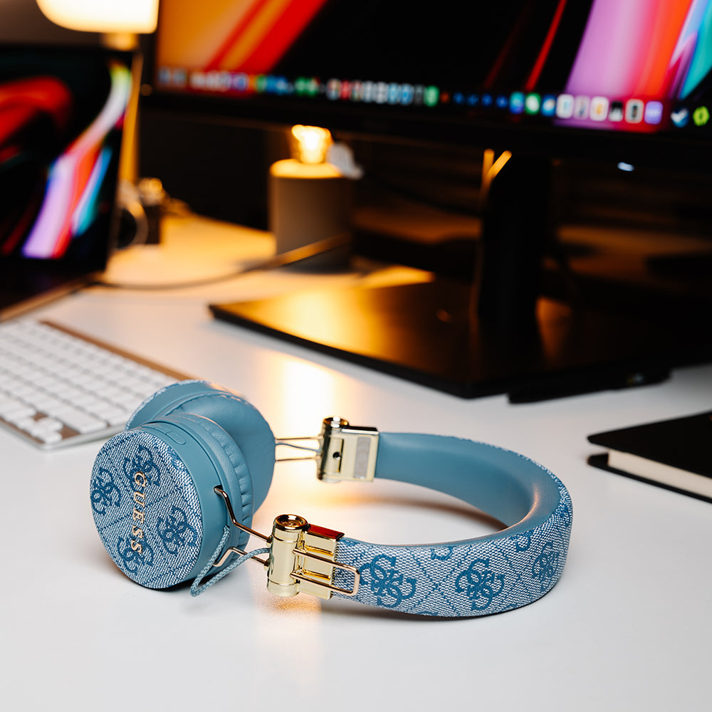 Guess Kulak Üstü Bluetooth Kulaklık 4G Metal Logolu PU Deri Tasarım Mavi