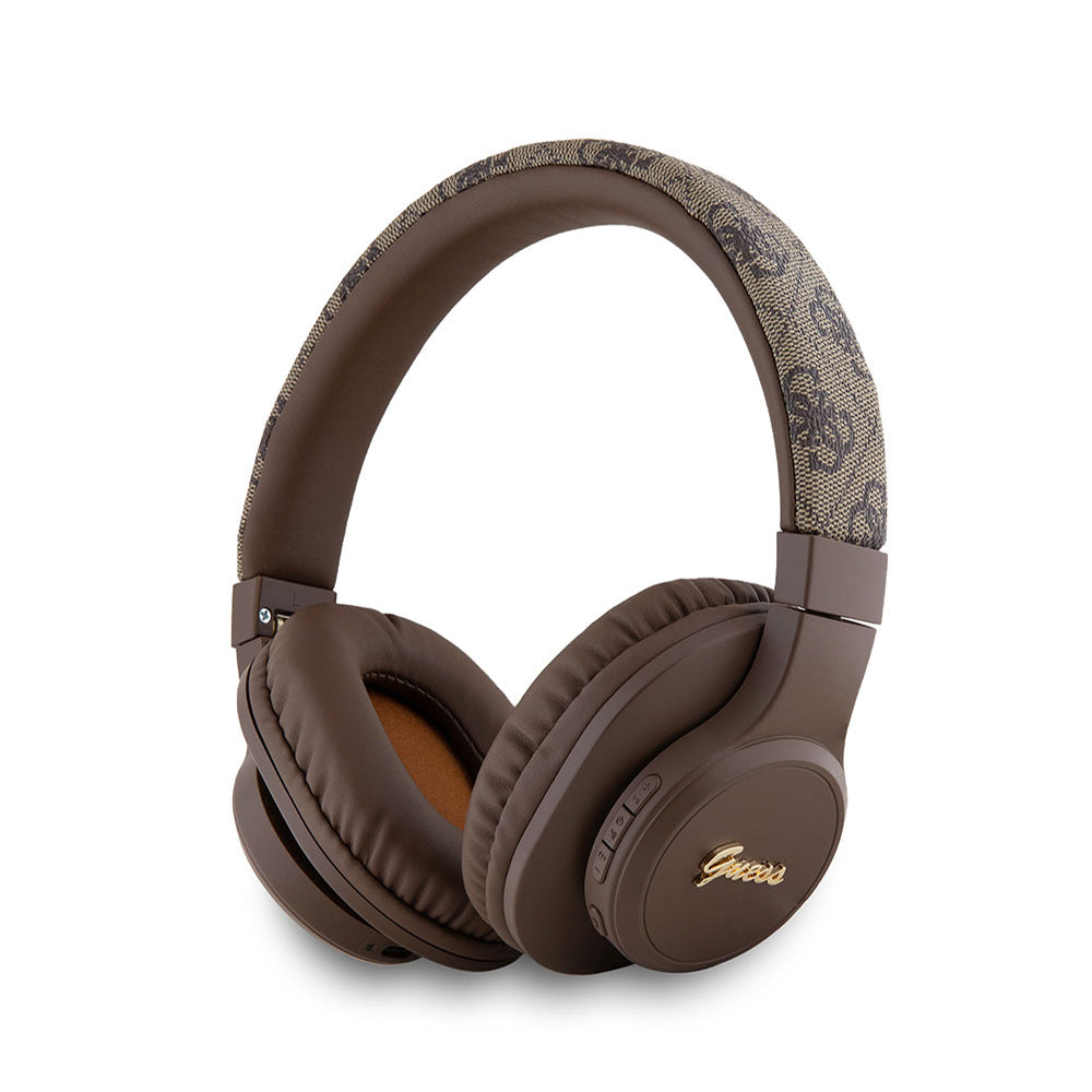 Guess Tone On Tone Kulak Üstü Bluetooth Kulaklık PU 4G Desenli Metal Yazı Logolu Kahverengi