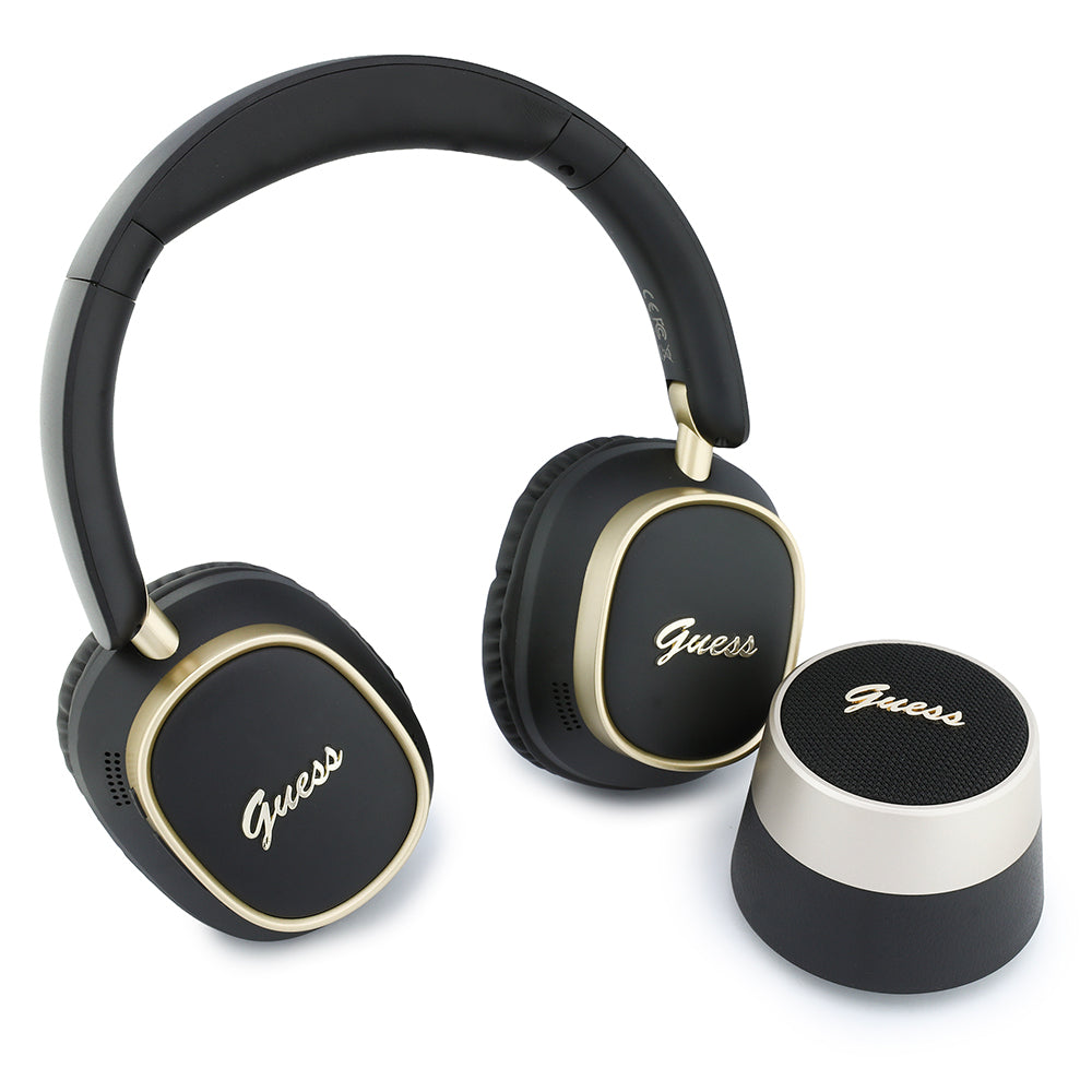 Guess Metal Script Logolu Kulak Üstü Kulaklık ve Speaker Hoparlör 2in1 Bundle Set Siyah