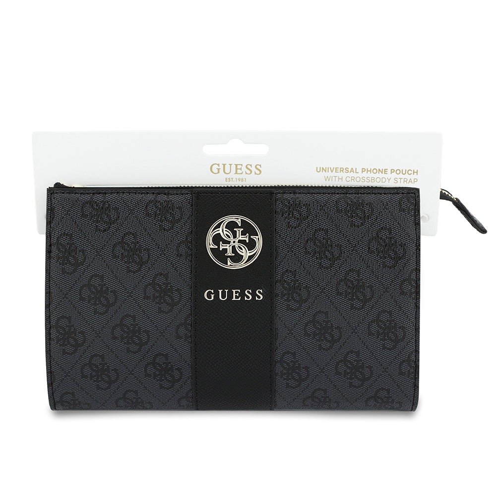 Guess Omuz ve El Askılı Kadın Çanta 4G Desenli Büyük Metal Logo ve Şeritli Siyah
