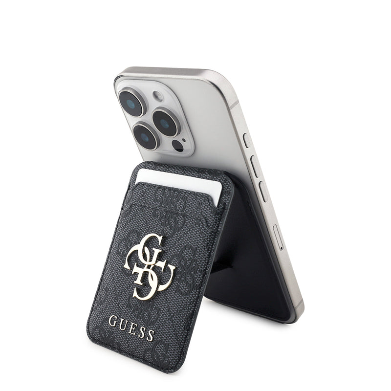 Guess Standlı Magnetik Kartlık PU Deri 4G Desenli Büyük Metal 4G ve Yazı Logolu Siyah