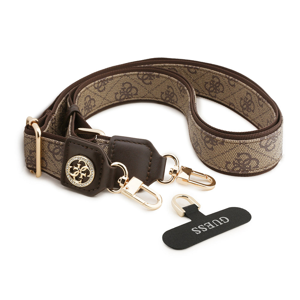 Guess Taşlı 4G Metal Logolu Çapraz Vücut Telefon Askı Kayışı 150cm Kahverengi