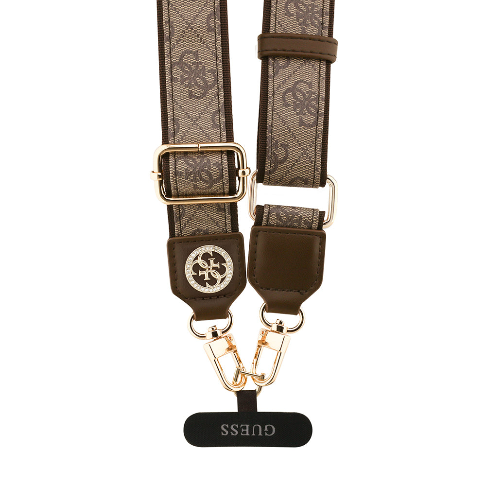 Guess Taşlı 4G Metal Logolu Çapraz Vücut Telefon Askı Kayışı 150cm Kahverengi