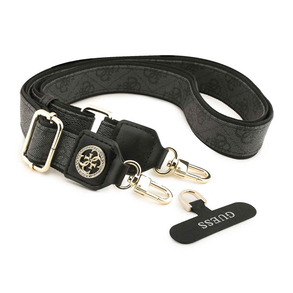 Guess Taşlı 4G Metal Logolu Çapraz Vücut Telefon Askı Kayışı 150cm Siyah