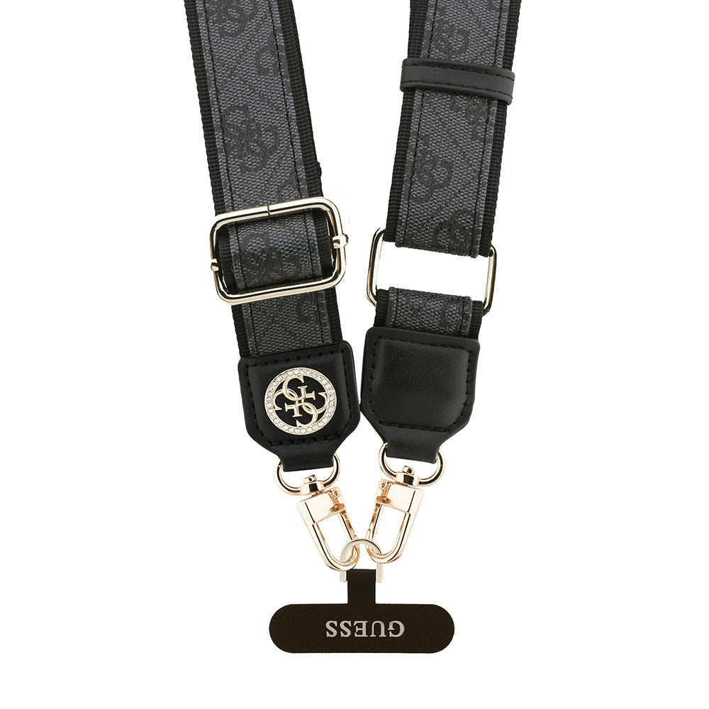 Guess Taşlı 4G Metal Logolu Çapraz Vücut Telefon Askı Kayışı 150cm Siyah