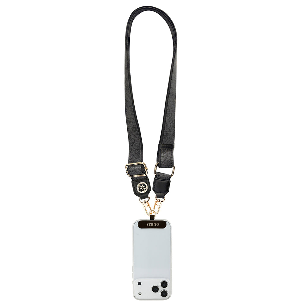 Guess Taşlı 4G Metal Logolu Çapraz Vücut Telefon Askı Kayışı 150cm Siyah