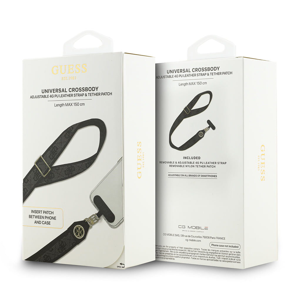 Guess Taşlı 4G Metal Logolu Çapraz Vücut Telefon Askı Kayışı 150cm Siyah