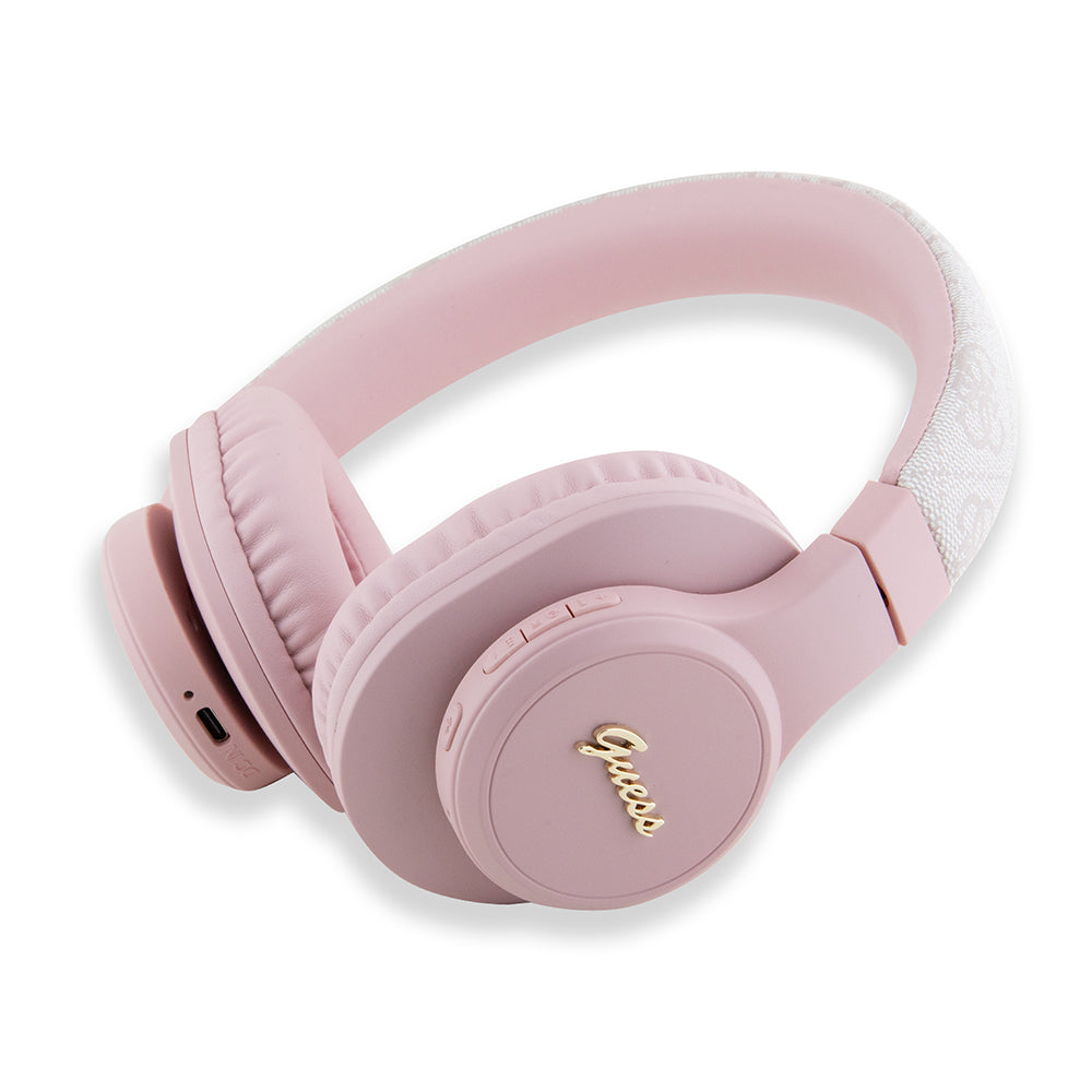 Guess Tone On Tone Kulak Üstü Bluetooth Kulaklık PU 4G Desenli Metal Yazı Logolu Pembe