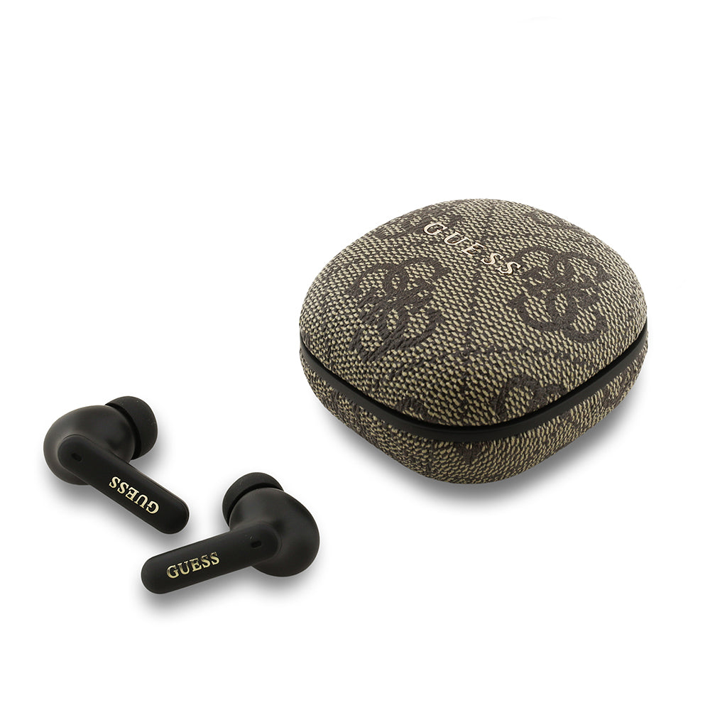 Guess TWS Kulak İçi Bluetooth Kulaklık 4G Desenli Klasik Metal Yazı Logolu Kahverengi