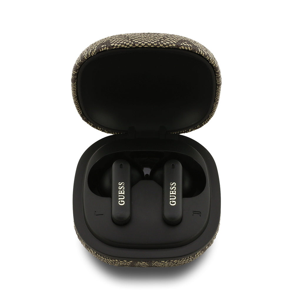 Guess TWS Kulak İçi Bluetooth Kulaklık 4G Desenli Klasik Metal Yazı Logolu Kahverengi