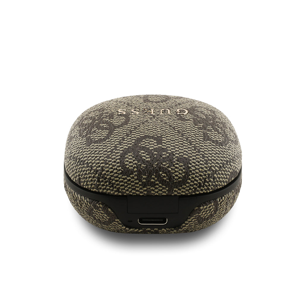 Guess TWS Kulak İçi Bluetooth Kulaklık 4G Desenli Klasik Metal Yazı Logolu Kahverengi