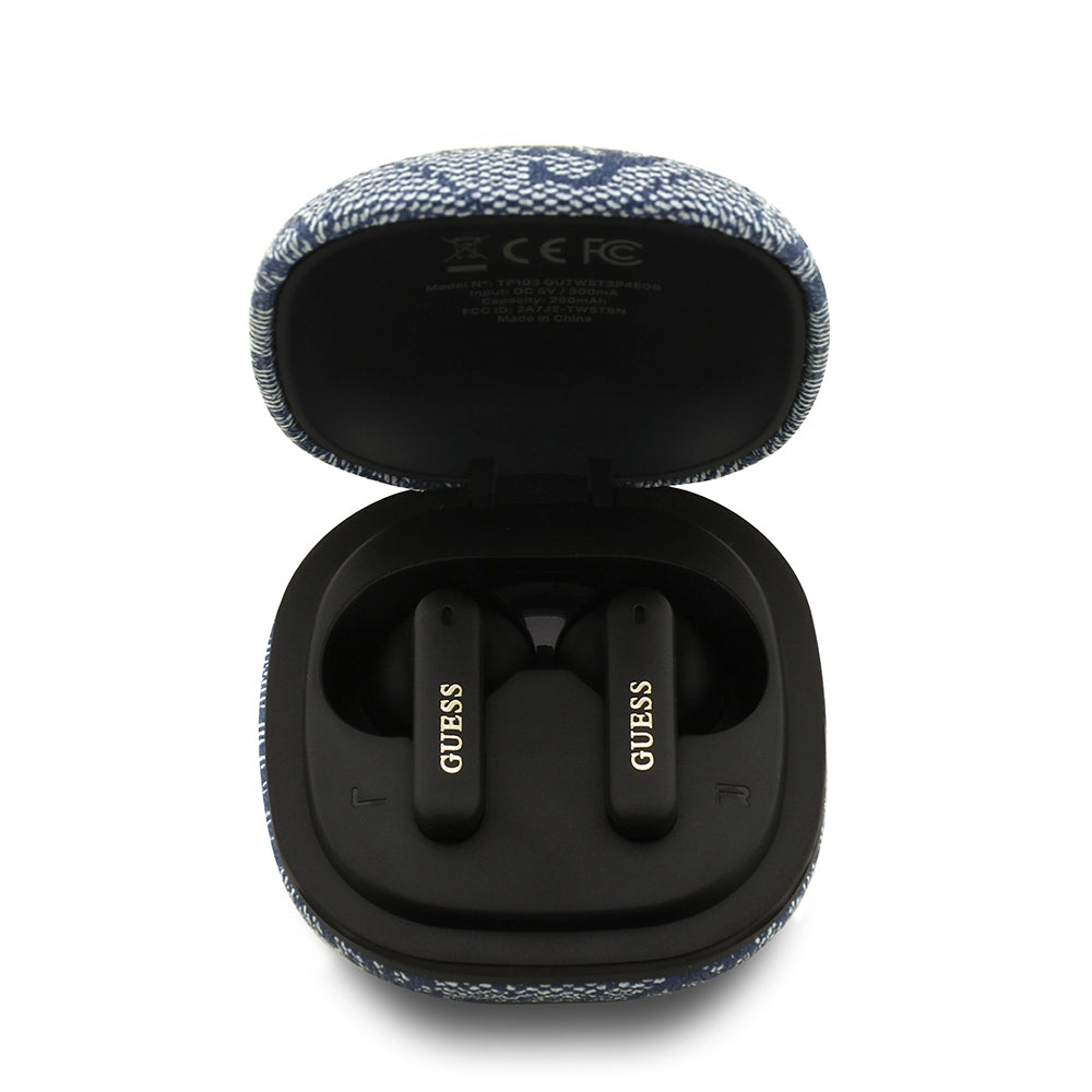 Guess TWS Kulak İçi Bluetooth Kulaklık 4G Desenli Klasik Metal Yazı Logolu Mavi