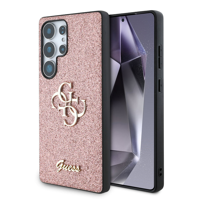 Galaxy S25 Ultra Kılıf Guess 4G Büyük Metal Logolu Glitter Kapak Pembe