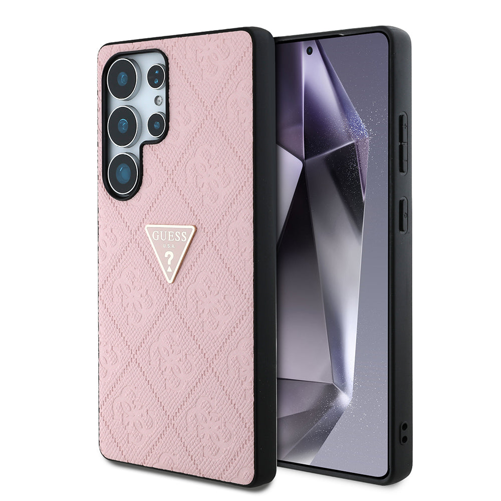 Galaxy S25 Ultra Kılıf Guess 4G Desenli Sıcak Damgalı Üçgen Logolu Kapak Pembe